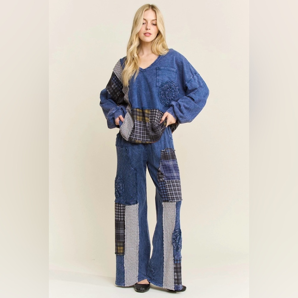 JB2 J.Her Boho Patchwork Mineral Washed Plaid Patched Doily Pant - Picture 4 of 4
